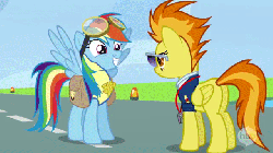 Size: 640x360 | Tagged: safe, screencap, rainbow dash, spitfire, pegasus, pony, g4, wonderbolts academy, animated, butt, clothes, duo, female, gif, goggles, happy, lead pony badge, loop, mare, plot, sunglasses, uniform, wings, wonderbolt trainee uniform, wonderbolts dress uniform