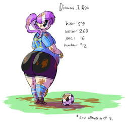 Size: 1126x1084 | Tagged: safe, artist:secretgoombaman12345, diamond tiara, human, ask chubby diamond, g4, ask, ass, bbw, butt, clothes, diamond buttiara, fat, female, football, humanized, pants, ponytail, solo, sports, thick, thighs, thunder thighs, tumblr, wide hips