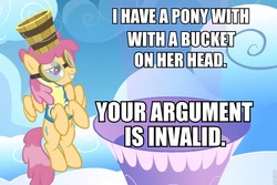 Size: 960x641 | Tagged: safe, edit, edited screencap, screencap, dizzy twister, orange swirl, pegasus, pony, g4, my little pony: friendship is magic, wonderbolts academy, bucket, clothes, cloud, female, goggles, image macro, mare, solo, uniform, wonderbolt trainee uniform, your argument is invalid