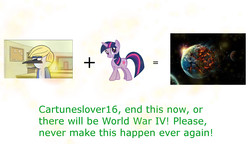 Size: 1823x1051 | Tagged: safe, twilight sparkle, g4, blondecai, cartuneslover16, chaos, don't make it happen, earth, exploitable meme, male, meme, regular show, ship:mordetwi