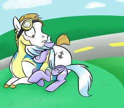 Size: 738x644 | Tagged: safe, artist:jessy, bulk biceps, cloudchaser, pegasus, pony, g4, blushing, bulkabetes, cloudrage, cute, cutechaser, eyes closed, female, goggles, male, mare, road, shipping, smiling, snuggling, stallion, straight
