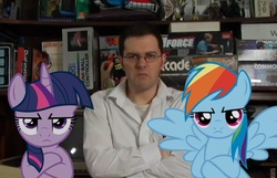 Size: 1150x740 | Tagged: safe, artist:kuren247, rainbow dash, twilight sparkle, pony, g4, angry video game nerd, crossover, glasses, irl, photo, ponies in real life, vector