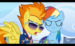 Size: 1024x640 | Tagged: safe, screencap, rainbow dash, spitfire, pegasus, pony, g4, wonderbolts academy, duo, eyes closed, female, mare, open mouth, sunglasses, youtube caption