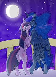 Size: 900x1235 | Tagged: safe, artist:100yearslater, princess luna, twilight sparkle, alicorn, pony, unicorn, g4, balcony, bipedal, duo, ears back, ethereal hair, ethereal mane, ethereal tail, eyes closed, female, folded wings, kiss on the lips, kissing, lesbian, mare, missing accessory, moon, night, night sky, railing, ship:twiluna, shipping, sky, smiling, sparkly mane, sparkly tail, starry mane, starry night, starry tail, stars, tail, unicorn twilight, wings