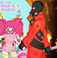 Size: 2137x2201 | Tagged: safe, artist:banchousaito, pinkie pie, human, g4, clothes, duo, humanized, pyro (tf2), socks, team fortress 2, thigh highs