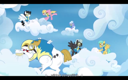 Size: 1024x640 | Tagged: safe, screencap, bulk biceps, cloudchaser, meadow flower, mercury, starry eyes (g4), sunshower raindrops, thunderlane, pegasus, pony, g4, wonderbolts academy, female, male, mare, stallion, wonderbolt trainee uniform, youtube caption