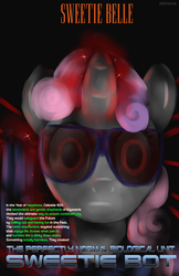 Size: 3300x5100 | Tagged: safe, artist:shiki01, sweetie belle, pony, robot, unicorn, friendship is witchcraft, g4, female, filly, foal, glowing horn, horn, looking at you, magic, parody, poster, solo, sweetie bot, terminator, text