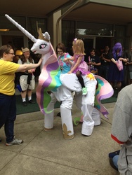 Size: 2448x3264 | Tagged: safe, princess celestia, human, g4, child, cosplay, everfree northwest, everfree northwest 2012, everfreenw, humans riding ponies, irl, irl human, photo, ponysuit, quadsuit, riding, the burdened