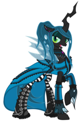 Size: 4269x6210 | Tagged: safe, artist:gabriev666, queen chrysalis, changeling, changeling queen, g4, absurd resolution, bedroom eyes, boots, choker, clothes, dress, ear piercing, female, goth, gothic, looking at you, metal, open mouth, raised hoof, simple background, smiling, socks, striped socks, transparent background