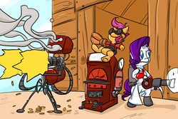 Size: 900x600 | Tagged: safe, rarity, scootaloo, g4, crossover, drawfag, engineer, engineer (tf2), medic, medic (tf2), sentry, team fortress 2