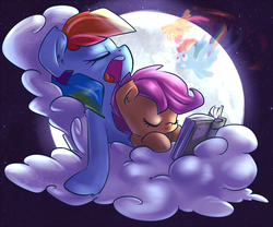 Size: 1200x1000 | Tagged: safe, artist:atryl, rainbow dash, scootaloo, pegasus, pony, g4, book, cloud, cute, cutealoo, dashabetes, dream, duo, duo female, ear fluff, eyes closed, female, filly, leg fluff, mare, moon, open mouth, scootalove, shoulder fluff, sisterly love, sleeping, smiling, snoring