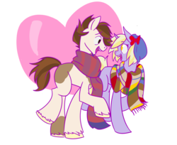Size: 1900x1550 | Tagged: safe, artist:augustraes, dinky hooves, pipsqueak, earth pony, pony, unicorn, g4, clothes, female, fourth doctor's scarf, hat, male, older, scarf, ship:dinkysqueak, shipping, simple background, straight, striped scarf, transparent background