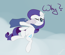 Size: 940x801 | Tagged: dead source, safe, artist:spaerk, rarity, pony, unicorn, g4, clothes, crying, dialogue, female, mare, scarf, snow, snowball, solo, tears of pain, teary eyes