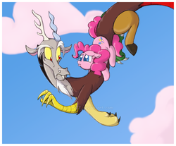 Size: 600x496 | Tagged: safe, artist:feujenny07, discord, pinkie pie, draconequus, earth pony, pony, g4, cloud, cute, day, duo, duo male and female, eye contact, female, flying, frown, hug, looking at each other, looking at someone, male, mare, pouting, ship:discopie, shipping, sky, teeth