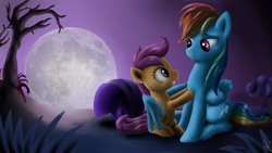 Size: 1920x1084 | Tagged: dead source, safe, artist:j-mpn, rainbow dash, scootaloo, pegasus, pony, g4, sleepless in ponyville, blank flank, female, filly, foal, full moon, gritted teeth, helmet, looking at each other, looking at someone, mare, moon, scene interpretation, scootalove, signature, sitting, smiling, teeth, tree, winghug