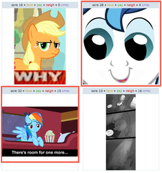 Size: 535x568 | Tagged: safe, applejack, rainbow dash, shining armor, g4, exploitable meme, juxtaposition, juxtaposition win, meme, meta, why.jpg