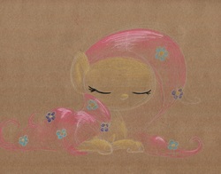 Size: 1143x896 | Tagged: safe, artist:getchanoodlewet, fluttershy, g4, eyes closed, flower, flower in hair, prone, traditional art