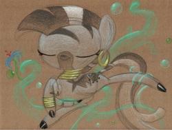 Size: 1183x892 | Tagged: safe, artist:getchanoodlewet, zecora, zebra, g4, eyes closed, jumping, traditional art