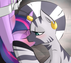 Size: 900x800 | Tagged: dead source, safe, artist:kryptchild, twilight sparkle, zecora, pony, zebra, g4, bedroom eyes, blushing, bondage, chains, crying, dungeon, duo, ear piercing, earring, eyes closed, female, horn, horn ring, interspecies, kiss on the lips, kissing, lesbian, magic suppression, ring, shipping, twicora, wrist cuffs