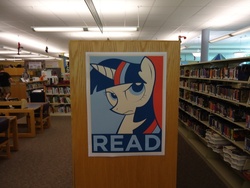 Size: 800x600 | Tagged: source needed, useless source url, safe, twilight sparkle, g4, hope poster, irl, library, photo, poster, propaganda, read, shepard fairey