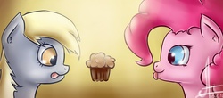 Size: 3118x1367 | Tagged: safe, derpy hooves, pinkie pie, pegasus, pony, g4, female, mare, muffin