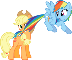 Size: 864x719 | Tagged: safe, artist:rhubarb-leaf, applejack, rainbow dash, earth pony, pegasus, pony, g4, the crystal empire, applejack's hat, cowboy hat, duo, hat, simple background, tail bite, taste the rainbow, transparent background, vector