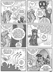 Size: 700x950 | Tagged: safe, artist:joeengland, fluttershy, rainbow dash, spitfire, twilight sparkle, pegasus, pony, unicorn, g4, comic, female, giant pony, goggles, grayscale, macro, mare, monochrome, speech bubble, unicorn twilight, wat