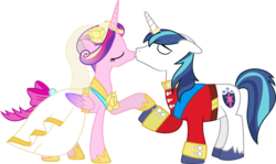 Size: 6320x3760 | Tagged: safe, artist:90sigma, princess cadance, shining armor, alicorn, pony, unicorn, g4, absurd resolution, clothes, dress, duo, female, kiss on the lips, kissing, male, mare, ship:shiningcadance, shipping, simple background, stallion, straight, suit, transparent background, vector, wedding dress