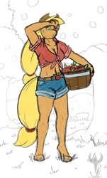 Size: 315x523 | Tagged: safe, artist:ethanqix, applejack, earth pony, anthro, unguligrade anthro, g4, belly button, clothes, daisy dukes, front knot midriff, midriff