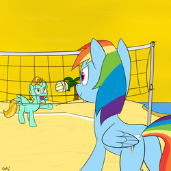 Size: 1000x1000 | Tagged: safe, artist:rapidstrike, lightning dust, rainbow dash, pegasus, pony, g4, beach, butt, friendshipping, plot, reference, top gun, volleyball