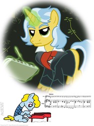 Size: 803x1067 | Tagged: safe, artist:joseph karl stieler, artist:kturtle, earth pony, pony, unicorn, clothes, frown, glare, levitation, looking down, ludwig van beethoven, magic, male, music, music notes, musical instrument, ode to joy, peanuts, piano, ponified, schroeder, serious, serious face, simple background, sitting, stallion, telekinesis, white background
