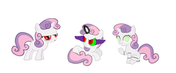 Size: 2584x1080 | Tagged: safe, sweetie belle, pony, robot, unicorn, friendship is witchcraft, mentally advanced series, g4, corrupted, dark magic, fanfic, fanfic art, female, filly, foal, hooves, horn, open mouth, simple background, sitting, smiling, sombra eyes, standing, sweetie bot, teeth, thrackerzod, white background
