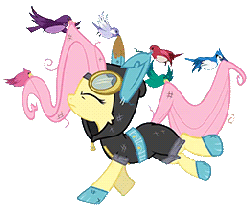 Size: 261x232 | Tagged: safe, fluttershy, bird, pegasus, pony, g4, animated, bunny ears, clothes, coward, dangerous mission outfit, eyes closed, female, gif, goggles, hoodie, mare, simple background, solo, transparent background