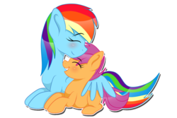 Size: 1600x1067 | Tagged: safe, artist:pastelflakes, rainbow dash, scootaloo, pegasus, pony, g4, blushing, duo, duo female, eyes closed, female, hug, scootalove, wing blanket, winghug, wings