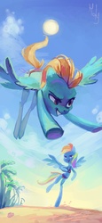 Size: 1580x3448 | Tagged: safe, artist:holivi, lightning dust, rainbow dash, pegasus, semi-anthro, g4, beach, belly button, bikini, bipedal, bipedal leaning, clothes, duo, duo female, female, leaning, swimsuit
