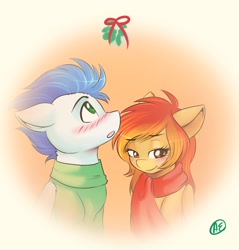 Size: 1280x1340 | Tagged: dead source, safe, artist:spittfireart, soarin', spitfire, g4, blushing, clothes, female, imminent kissing, male, mistletoe, scarf, ship:soarinfire, shipping, straight