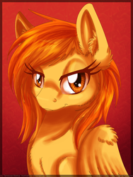 Size: 900x1200 | Tagged: safe, artist:inuhoshi-to-darkpen, spitfire, pegasus, pony, g4, alternate hairstyle, female, mare, red background, simple background, solo