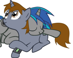 Size: 1000x799 | Tagged: safe, artist:slowlearner46, oc, oc only, oc:homage, oc:littlepip, pony, unicorn, fallout equestria, g4, clothes, cutie mark, eyes closed, fallout, fanfic, fanfic art, female, hooves, horn, lesbian, lying down, mare, oc x oc, pipbuck, prone, ship:pipmage, shipping, show accurate, simple background, smiling, transparent background