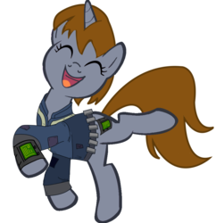 Size: 880x908 | Tagged: safe, artist:slowlearner46, oc, oc only, oc:littlepip, pony, unicorn, fallout equestria, g4, clothes, cutie mark, eyes closed, fallout, fanfic, fanfic art, female, happy, hooves, horn, jumpsuit, mare, open mouth, pipbuck, show accurate, simple background, solo, transparent background, vault suit