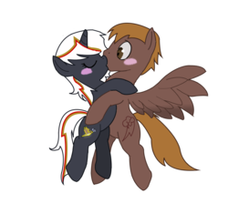 Size: 900x847 | Tagged: safe, artist:slowlearner46, oc, oc only, oc:calamity, oc:velvet remedy, pegasus, pony, unicorn, fallout equestria, blushing, brand, branding, dashite, eyes closed, fallout, fanfic, fanfic art, female, hat, hooves, horn, kissing, male, mare, simple background, spread wings, stallion, transparent background, velamity, wings