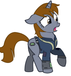 Size: 778x837 | Tagged: safe, artist:slowlearner46, oc, oc only, oc:littlepip, pony, unicorn, fallout equestria, g4, clothes, cutie mark, fallout, fanfic, fanfic art, female, floppy ears, hooves, horn, jumpsuit, mare, open mouth, pipbuck, show accurate, simple background, solo, transparent background, vault suit