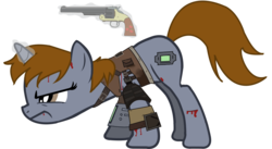 Size: 900x492 | Tagged: safe, artist:slowlearner46, oc, oc only, oc:littlepip, pony, unicorn, fallout equestria, g4, blood, cutie mark, fallout, fanfic, fanfic art, female, glowing horn, gun, handgun, hooves, horn, levitation, little macintosh, magic, mare, pipbuck, raider, revolver, show accurate, simple background, solo, telekinesis, transparent background, weapon