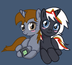 Size: 500x452 | Tagged: safe, artist:slowlearner46, oc, oc only, oc:littlepip, oc:velvet remedy, pony, unicorn, fallout equestria, blushing, clothes, fallout, fanfic, fanfic art, female, horn, mare, pipbuck, simple background