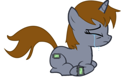 Size: 1216x750 | Tagged: safe, artist:slowlearner46, oc, oc only, oc:littlepip, pony, unicorn, fallout equestria, g4, crying, cutie mark, eyes closed, fallout, fanfic, fanfic art, female, hooves, horn, mare, pipbuck, pipleg, show accurate, simple background, solo, transparent background
