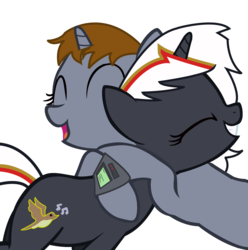 Size: 1900x1916 | Tagged: safe, artist:slowlearner46, oc, oc only, oc:littlepip, oc:velvet remedy, pony, unicorn, fallout equestria, g4, cutie mark, eyes closed, fallout, fanfic, fanfic art, female, hooves, horn, hug, mare, open mouth, pipbuck, show accurate, simple background, smiling, teeth, transparent background