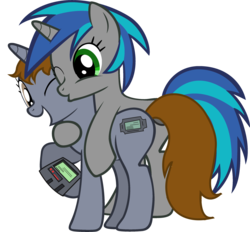 Size: 2559x2379 | Tagged: safe, artist:slowlearner46, oc, oc only, oc:homage, oc:littlepip, pony, unicorn, fallout equestria, g4, clothes, cutie mark, fallout, fanfic, fanfic art, female, hooves, horn, hug, lesbian, mare, oc x oc, one eye closed, open mouth, pipbuck, raised hoof, ship:pipmage, shipping, show accurate, simple background, transparent background