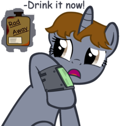 Size: 1024x1041 | Tagged: safe, artist:slowlearner46, oc, oc only, oc:littlepip, pony, unicorn, fallout equestria, g4, comic, fallout, fanfic, fanfic art, female, mare, open mouth, pipbuck, radaway, show accurate, simple background, solo focus, transparent background