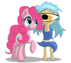 Size: 1440x1280 | Tagged: safe, artist:oddwarg, pinkie pie, cyclops, pony, g4, armless biped, demo, duo, raocow