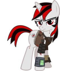 Size: 819x975 | Tagged: safe, artist:slowlearner46, oc, oc only, oc:blackjack, pony, unicorn, fallout equestria, fallout equestria: project horizons, blood, fanfic, fanfic art, female, hooves, horn, mare, pipbuck, raider, simple background, solo, transparent background, vector