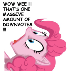 Size: 598x624 | Tagged: safe, pinkie pie, g4, all caps, bust, downvote, english, exclamation point, eyes open, looking up, meta, open mouth, portrait, shocked, shrunken pupils, simple background, solo, surprised, text, voting irony, white background